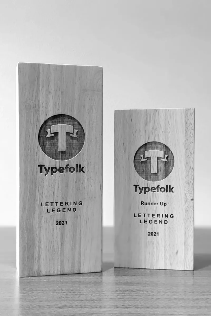 Typefolk Lettering Legend and Runner Up trophies, 2021